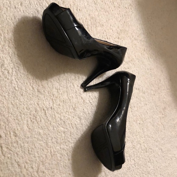 Nine West peep toe pumps high heels black shiny patent leather sexy prom evening - Picture 7 of 7